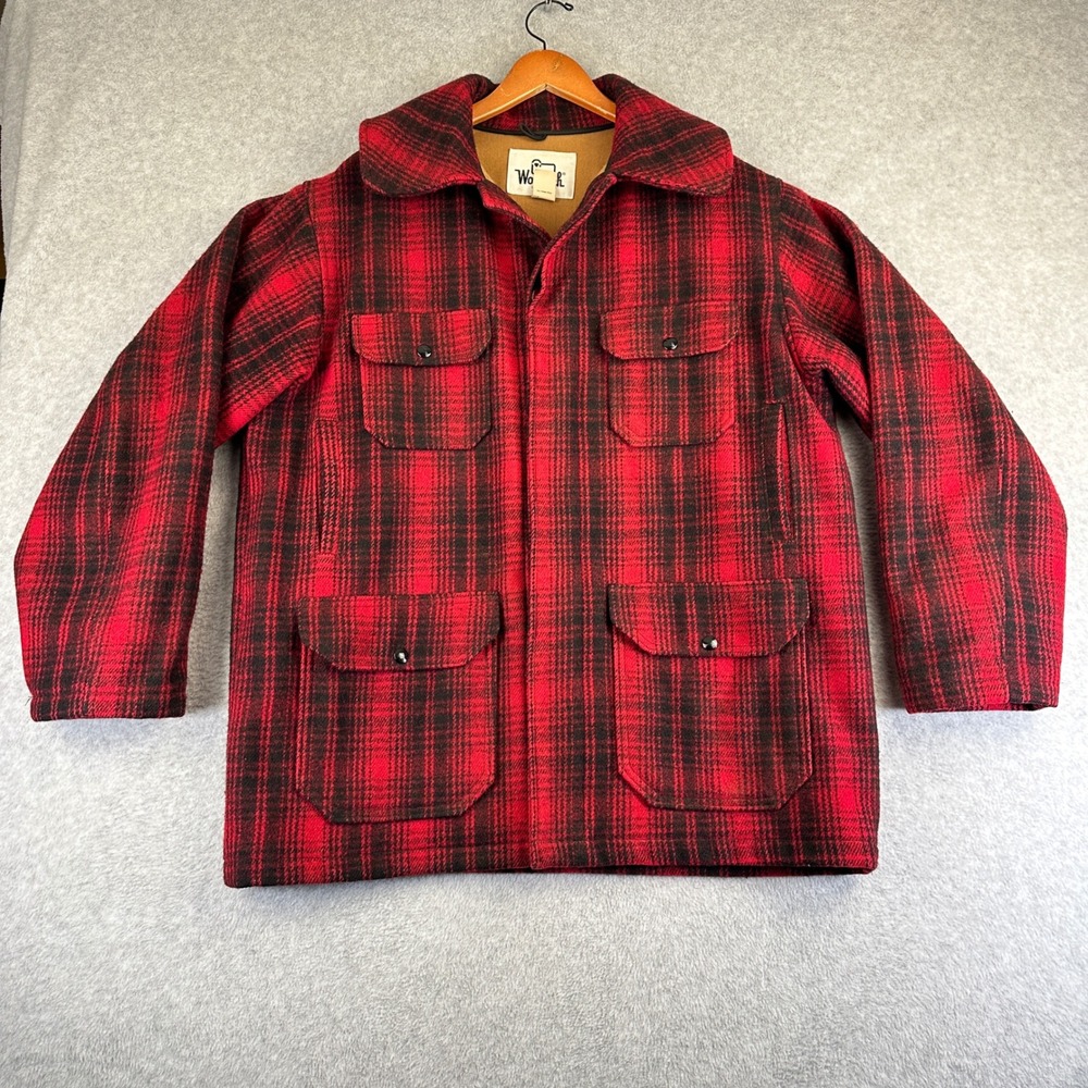 Woolrich Buffalo Plaid Hunting Jacket Mens 44 Red Black Wool Blend USA Made